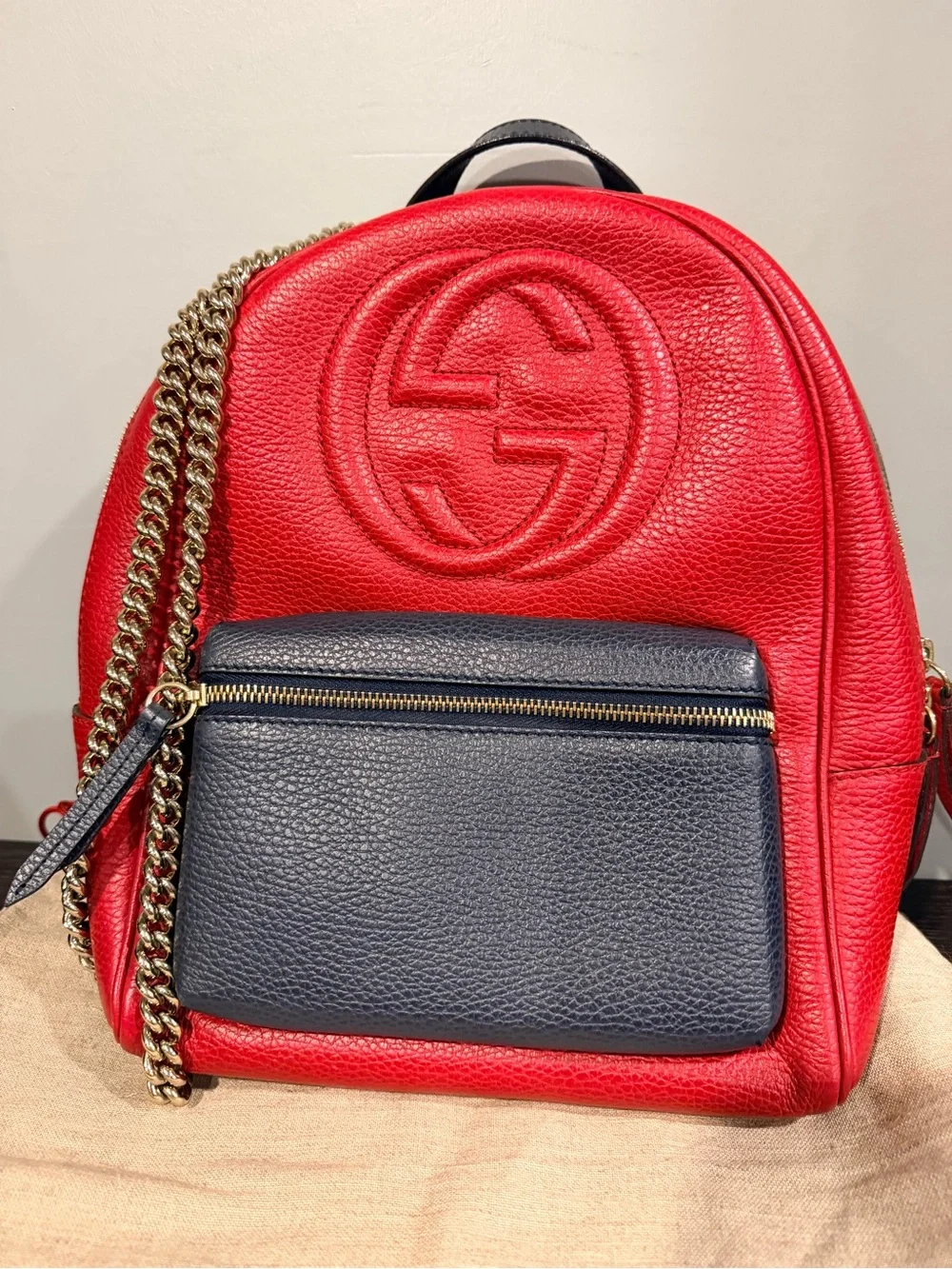 GUCCI *LIKE NEW* Red & Black Leather Mini Backpack & Gold Chain - W/ Dusty